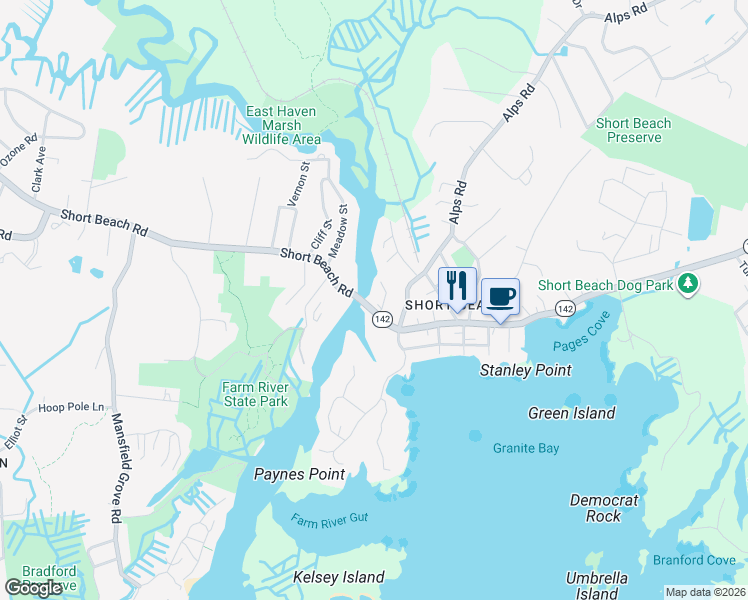 map of restaurants, bars, coffee shops, grocery stores, and more near 4 Shore Drive in Branford