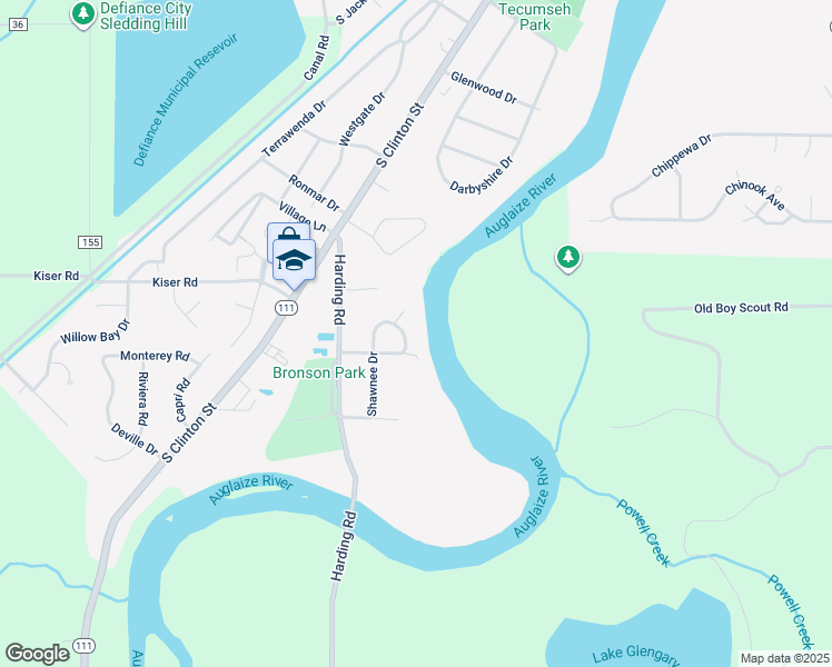 map of restaurants, bars, coffee shops, grocery stores, and more near 2012 Shawnee Drive in Defiance