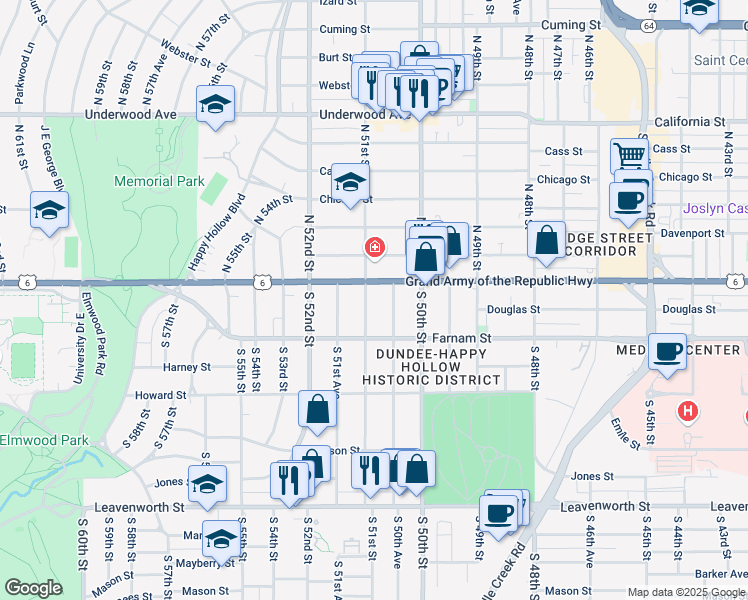 map of restaurants, bars, coffee shops, grocery stores, and more near 107 S 51st St in Omaha