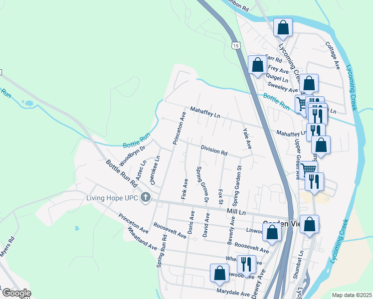 map of restaurants, bars, coffee shops, grocery stores, and more near 2281 Fink Avenue in Williamsport