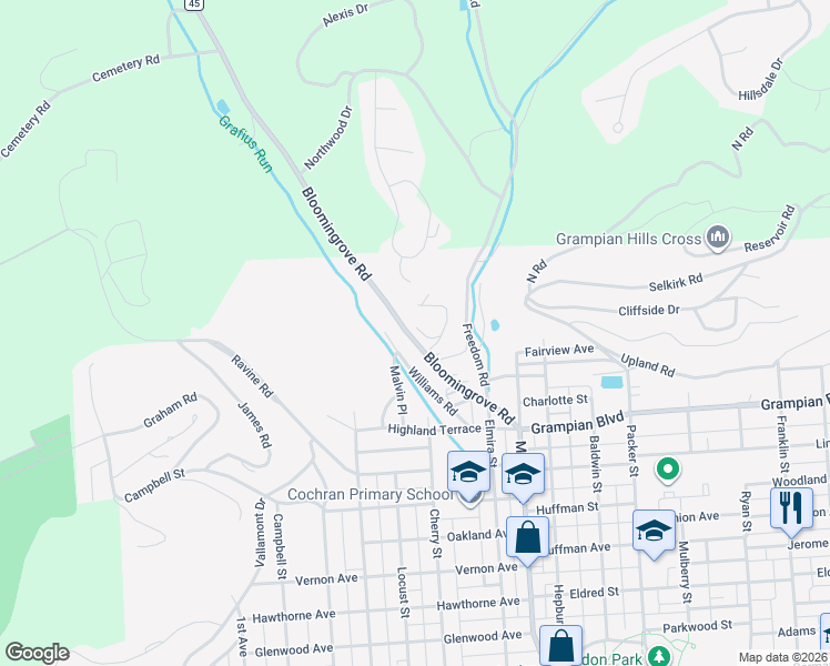 map of restaurants, bars, coffee shops, grocery stores, and more near 1519 Evergreen Road in Williamsport