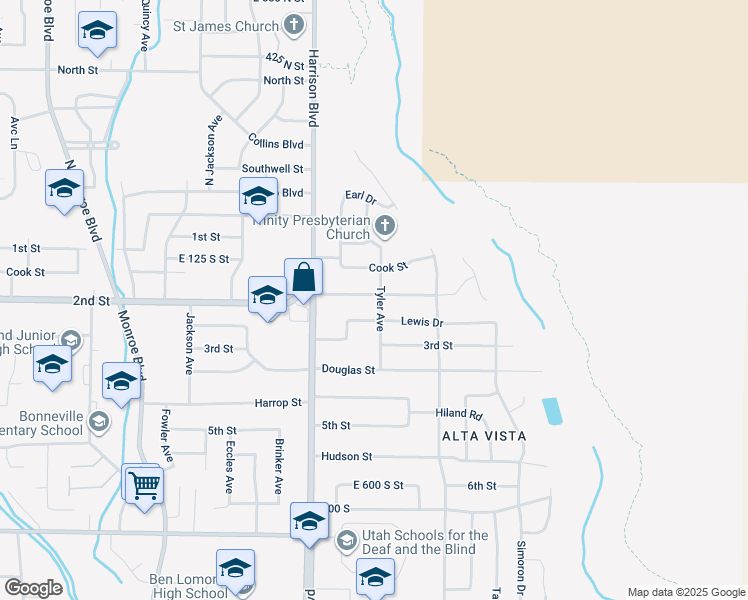 map of restaurants, bars, coffee shops, grocery stores, and more near 1287 Sheridan Drive in Ogden