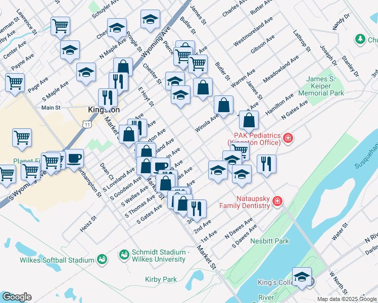 map of restaurants, bars, coffee shops, grocery stores, and more near 102 North Welles Avenue in Kingston