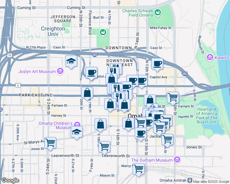 map of restaurants, bars, coffee shops, grocery stores, and more near 1601 Dodge Street in Omaha