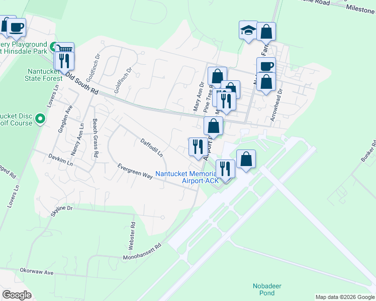 map of restaurants, bars, coffee shops, grocery stores, and more near 12 Nobadeer Way in Nantucket
