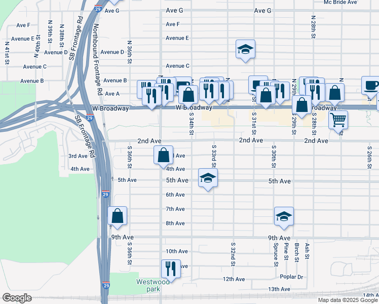 map of restaurants, bars, coffee shops, grocery stores, and more near 3400 3rd Avenue in Council Bluffs