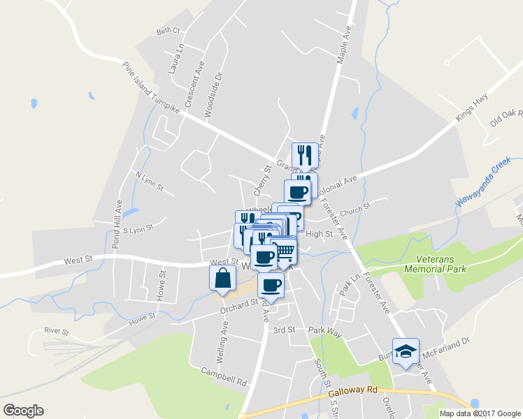 map of restaurants, bars, coffee shops, grocery stores, and more near 38 Wheeler Avenue in Warwick