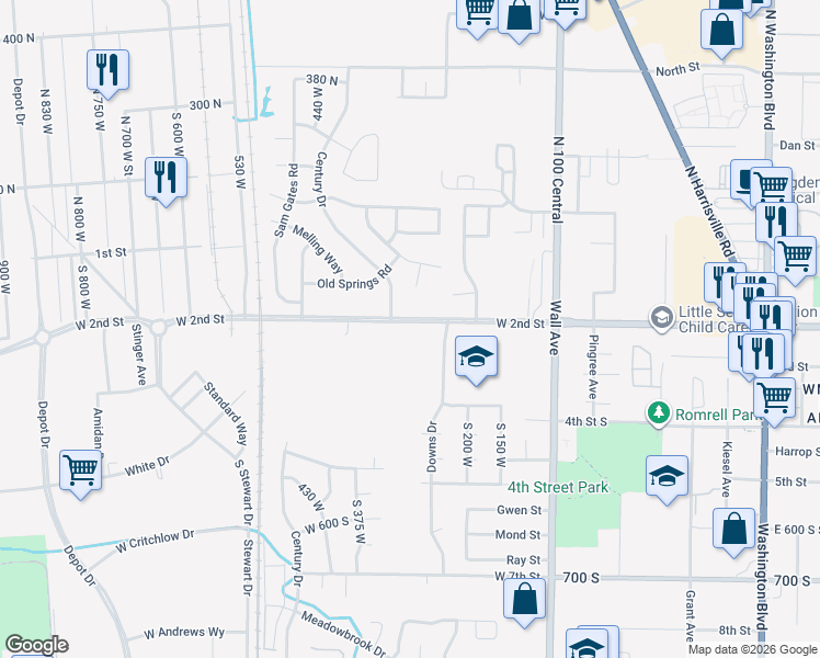 map of restaurants, bars, coffee shops, grocery stores, and more near 301 West 2nd Street in Ogden