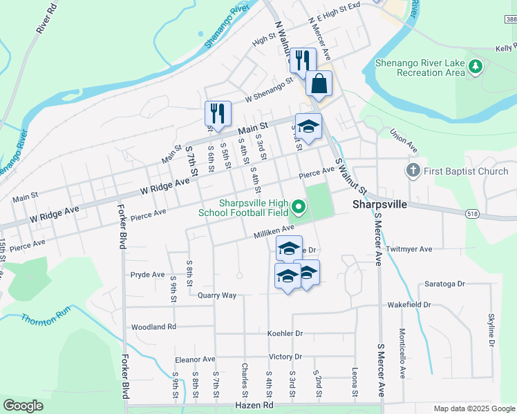 map of restaurants, bars, coffee shops, grocery stores, and more near 240 South 4th Street in Sharpsville