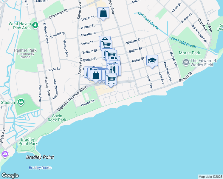 map of restaurants, bars, coffee shops, grocery stores, and more near 222 Captain Thomas Boulevard in West Haven