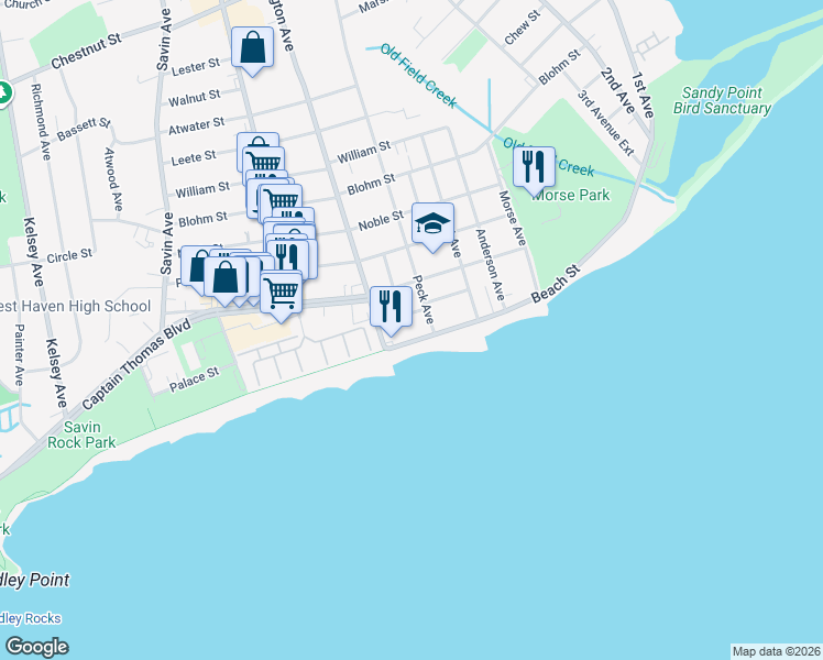 map of restaurants, bars, coffee shops, grocery stores, and more near 323 Beach Street in West Haven