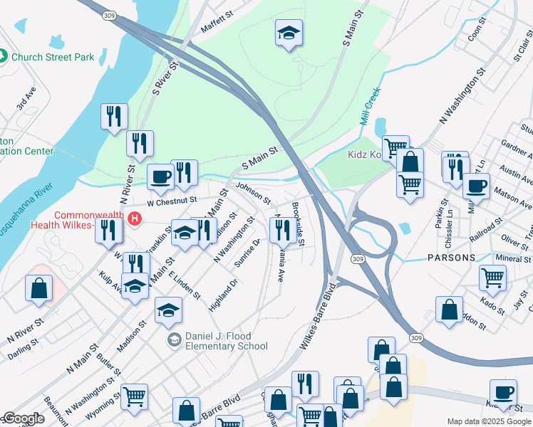 map of restaurants, bars, coffee shops, grocery stores, and more near 777 North Washington Street in Wilkes-Barre