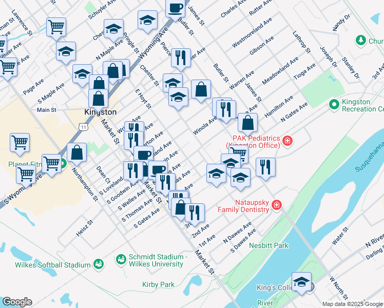 map of restaurants, bars, coffee shops, grocery stores, and more near 102 North Welles Avenue in Kingston