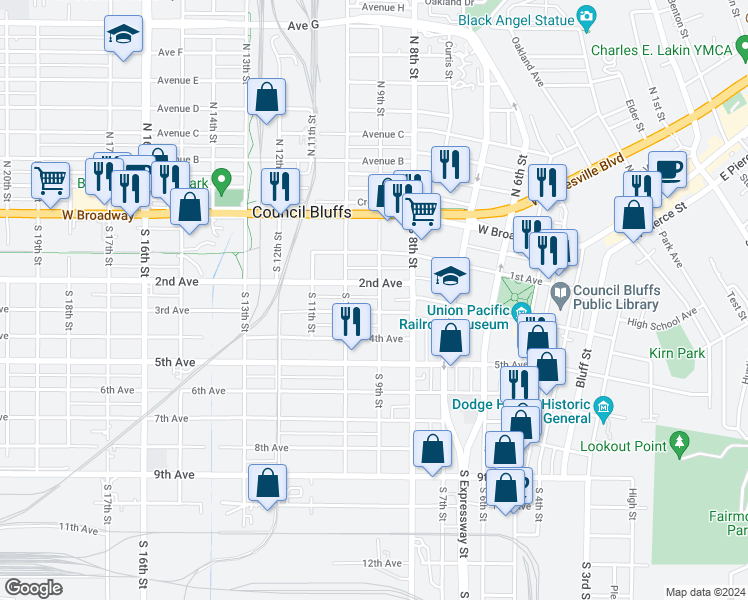 map of restaurants, bars, coffee shops, grocery stores, and more near 216 South 9th Street in Council Bluffs