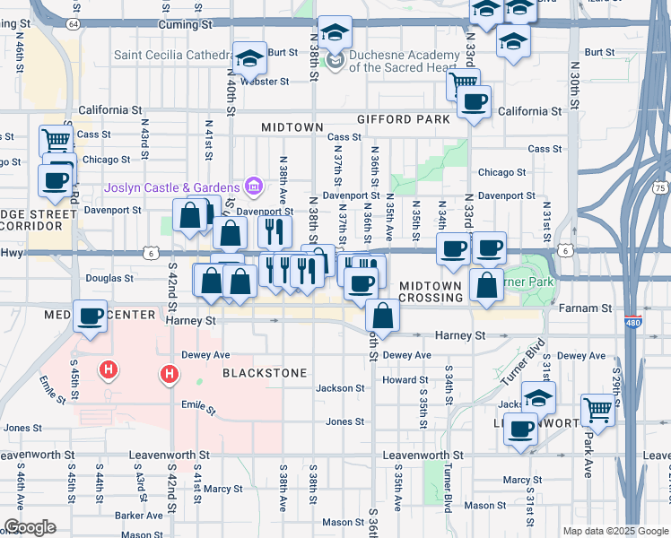map of restaurants, bars, coffee shops, grocery stores, and more near in Omaha