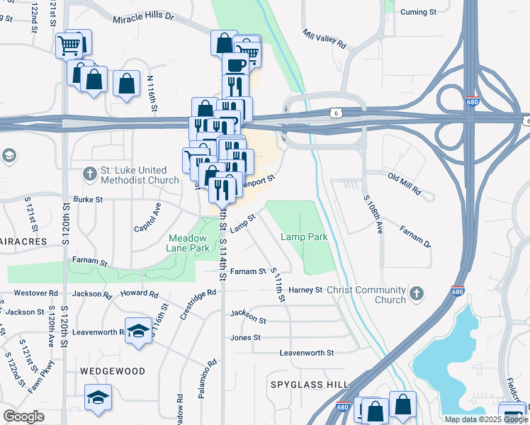 map of restaurants, bars, coffee shops, grocery stores, and more near 111 South 110th Street in Omaha