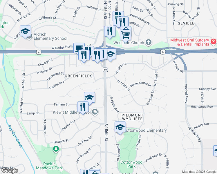 map of restaurants, bars, coffee shops, grocery stores, and more near 316 North 155th Circle in Omaha