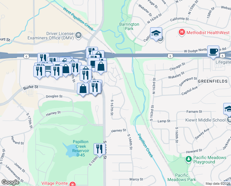 map of restaurants, bars, coffee shops, grocery stores, and more near 119 South 167th Circle in Omaha