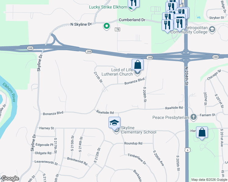 map of restaurants, bars, coffee shops, grocery stores, and more near 21055 Bonanza Boulevard in Omaha