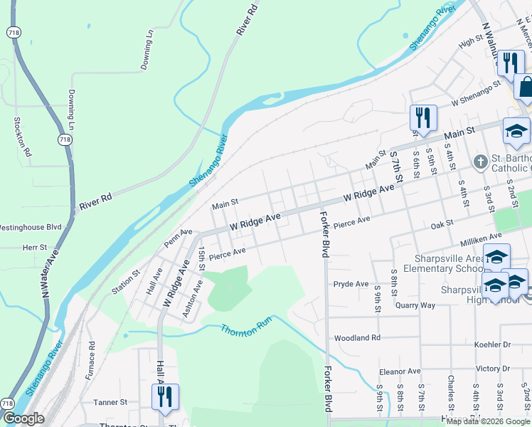 map of restaurants, bars, coffee shops, grocery stores, and more near 1206 West Ridge Avenue in Sharpsville