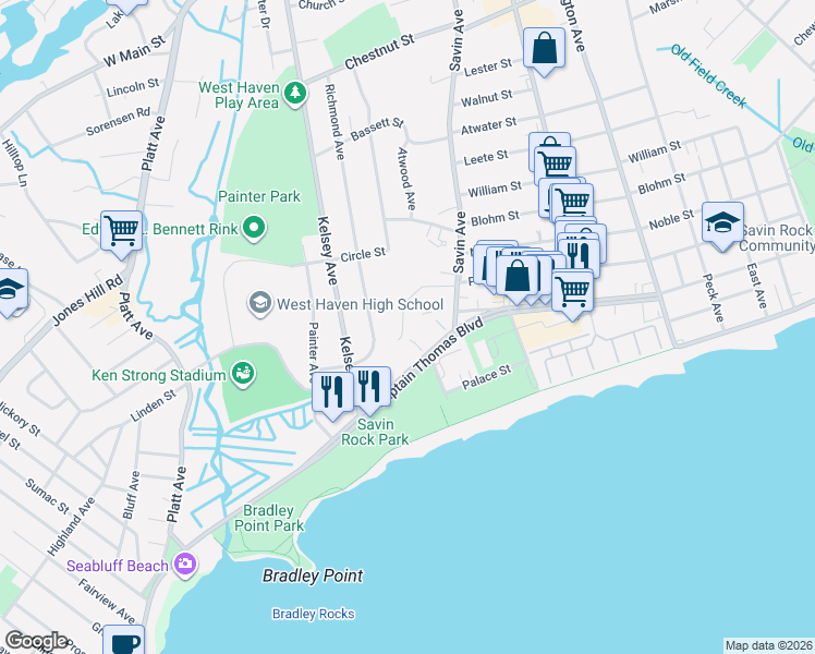 map of restaurants, bars, coffee shops, grocery stores, and more near 74 Savin Park in West Haven