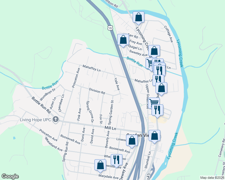 map of restaurants, bars, coffee shops, grocery stores, and more near 2210-2214 Division Road in Williamsport