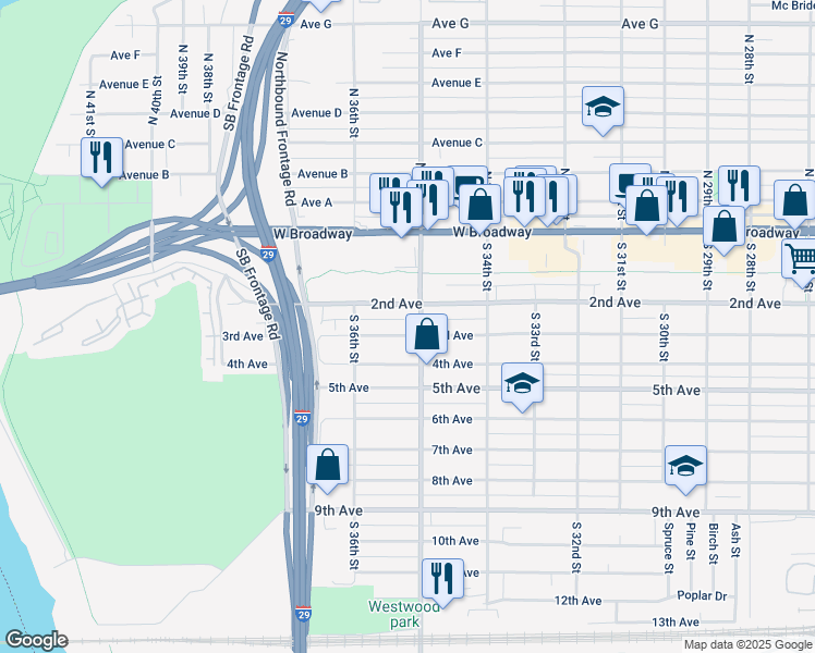 map of restaurants, bars, coffee shops, grocery stores, and more near 3510 3rd Avenue in Council Bluffs