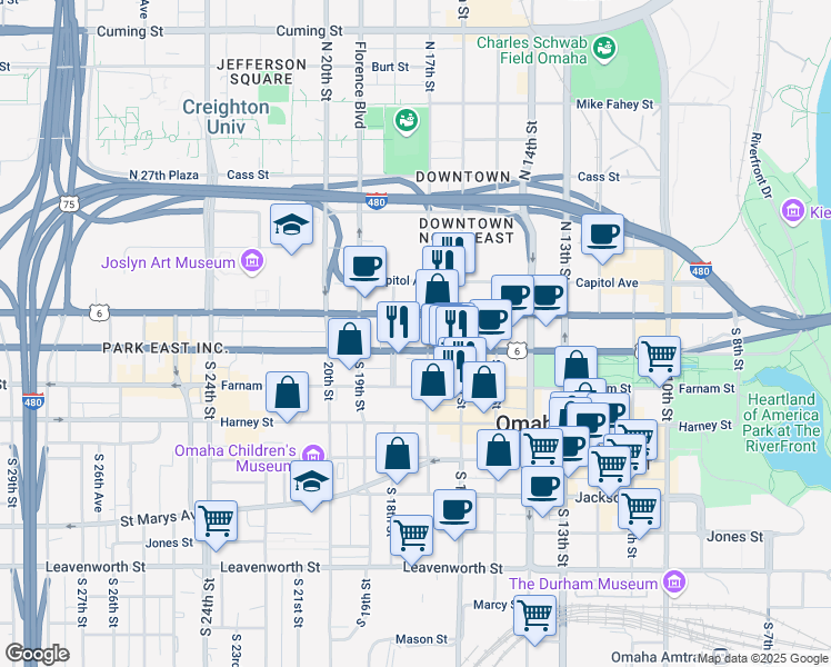 map of restaurants, bars, coffee shops, grocery stores, and more near 111 North 18th Street in Omaha