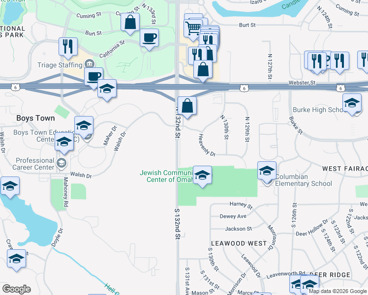 map of restaurants, bars, coffee shops, grocery stores, and more near 107 South 132nd Street in Omaha
