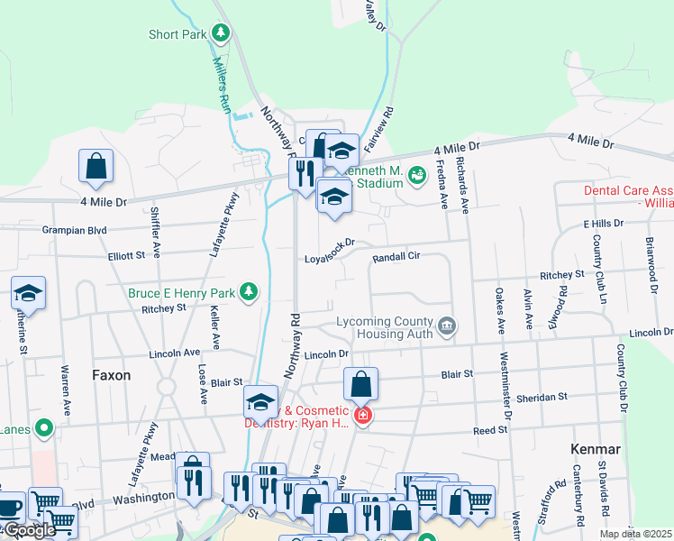 map of restaurants, bars, coffee shops, grocery stores, and more near 1802 Loyalsock Drive in Williamsport