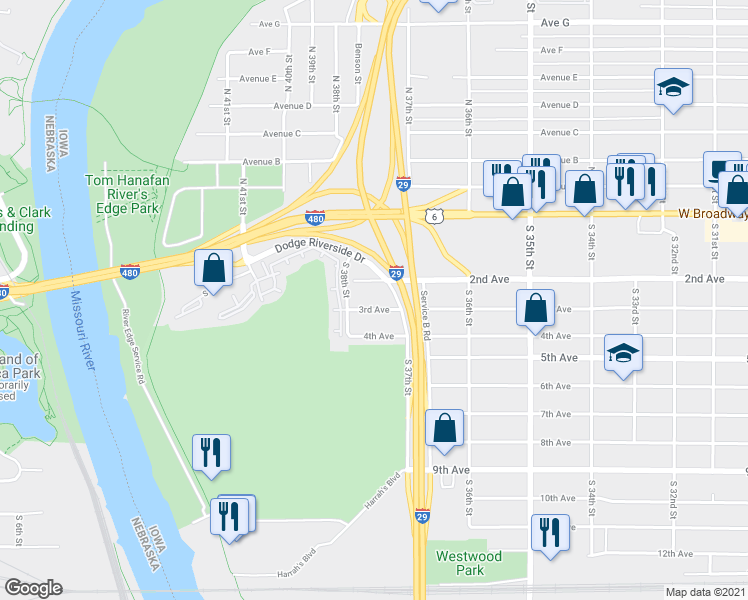 map of restaurants, bars, coffee shops, grocery stores, and more near 3726 3rd Avenue in Council Bluffs