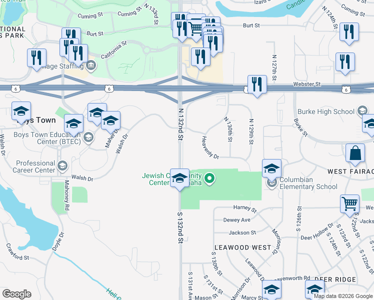 map of restaurants, bars, coffee shops, grocery stores, and more near 107 South 132nd Street in Omaha