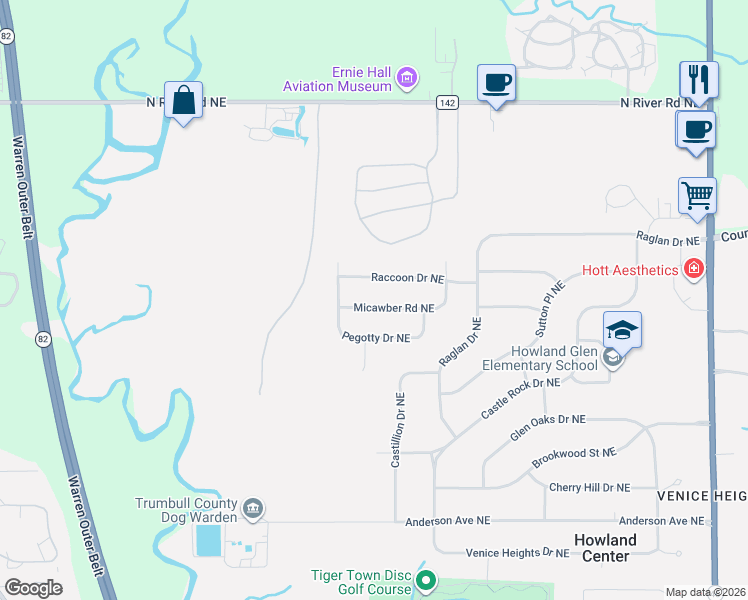 map of restaurants, bars, coffee shops, grocery stores, and more near 7677 Micawber Road Northeast in Warren