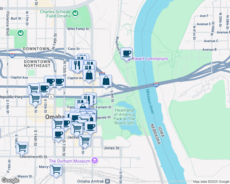 map of restaurants, bars, coffee shops, grocery stores, and more near 101 South 8th Street in Omaha