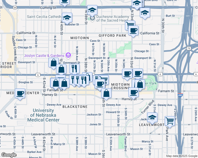 map of restaurants, bars, coffee shops, grocery stores, and more near 112 South 36th Street in Omaha