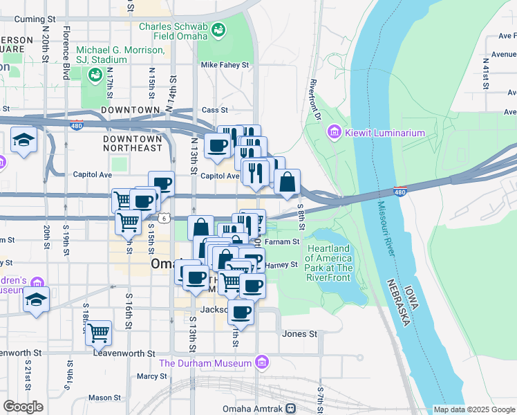 map of restaurants, bars, coffee shops, grocery stores, and more near 109 South 10th Street in Omaha