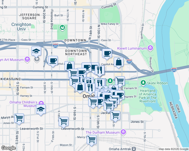map of restaurants, bars, coffee shops, grocery stores, and more near 1314 Douglas Street in Omaha