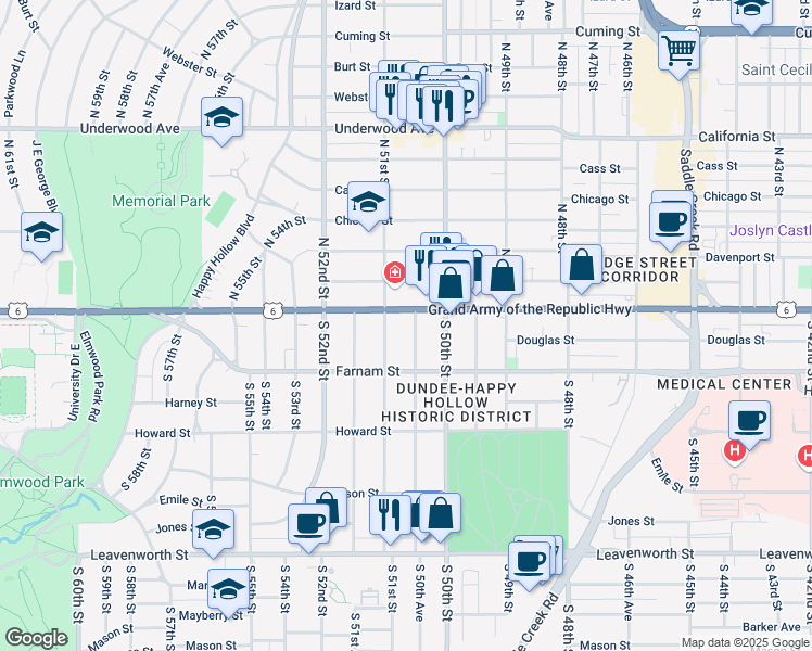 map of restaurants, bars, coffee shops, grocery stores, and more near 107 South 51st Street in Omaha