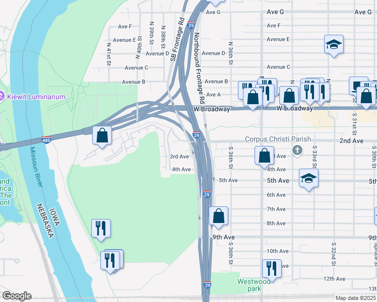 map of restaurants, bars, coffee shops, grocery stores, and more near 3726 3rd Avenue in Council Bluffs