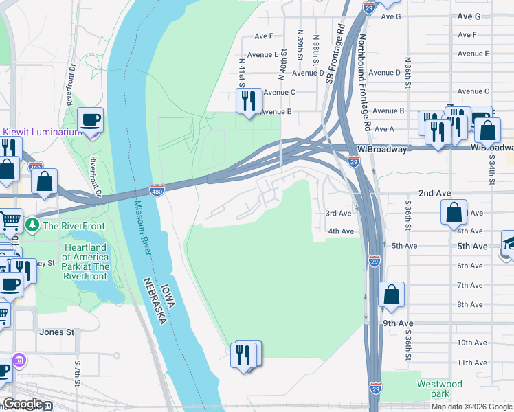 map of restaurants, bars, coffee shops, grocery stores, and more near 20 South 41st Street in Council Bluffs