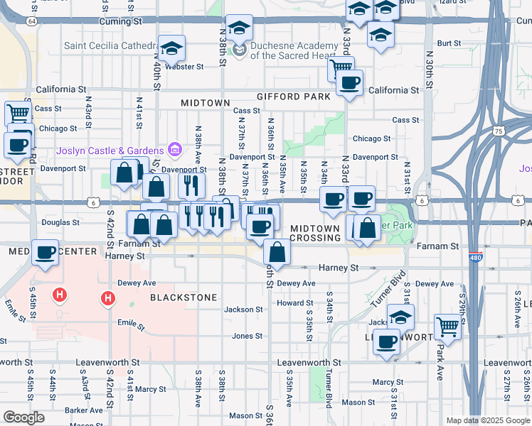map of restaurants, bars, coffee shops, grocery stores, and more near 112 South 36th Street in Omaha