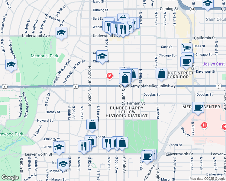 map of restaurants, bars, coffee shops, grocery stores, and more near 107 South 51st Street in Omaha