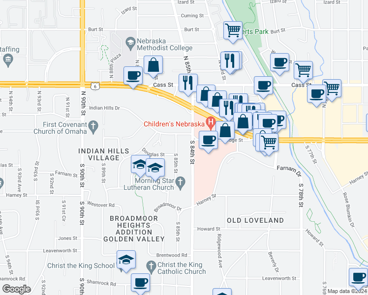 map of restaurants, bars, coffee shops, grocery stores, and more near 8405 Indian Hills Drive in Omaha