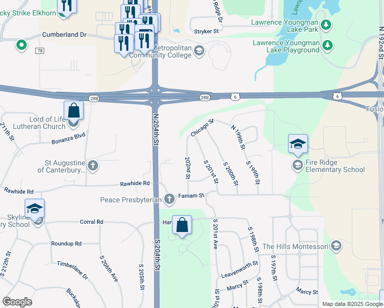 map of restaurants, bars, coffee shops, grocery stores, and more near 106 South 201st Street in Omaha