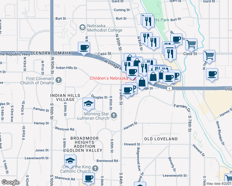 map of restaurants, bars, coffee shops, grocery stores, and more near 8405 Indian Hills Drive in Omaha