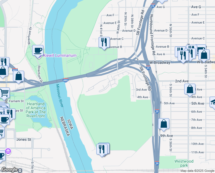 map of restaurants, bars, coffee shops, grocery stores, and more near 20 South 41st Street in Council Bluffs