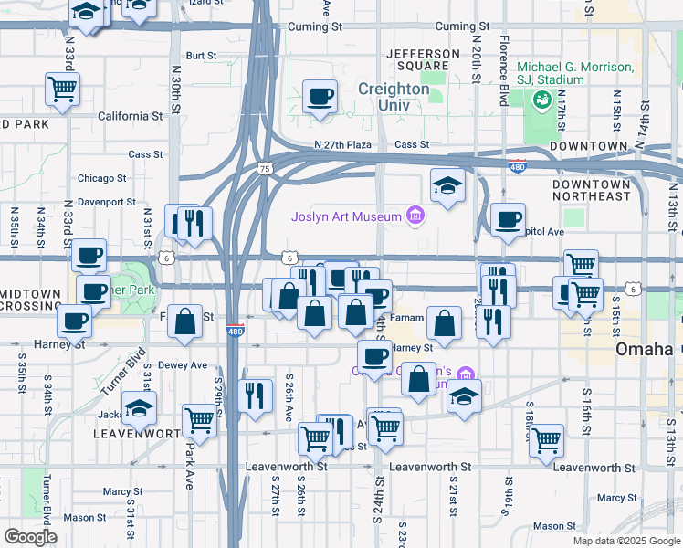 map of restaurants, bars, coffee shops, grocery stores, and more near 2525 Dodge Street in Omaha