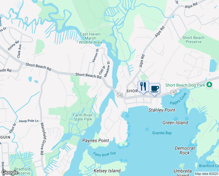 map of restaurants, bars, coffee shops, grocery stores, and more near 2 Short Beach Road in East Haven