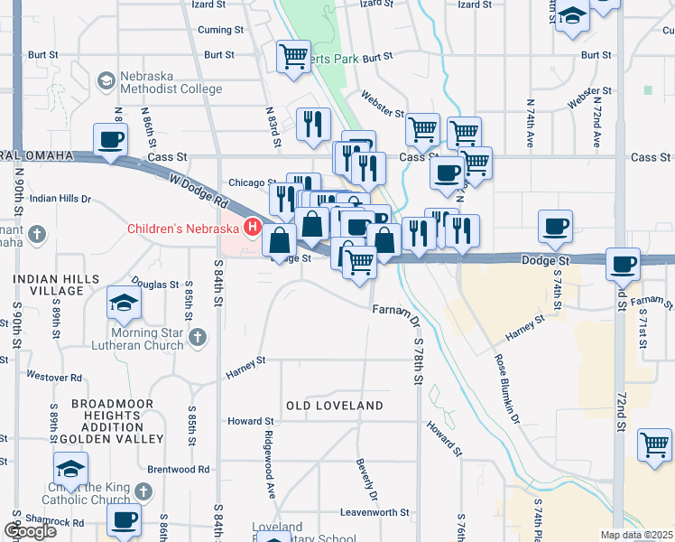 map of restaurants, bars, coffee shops, grocery stores, and more near 7837 Dodge Street in Omaha