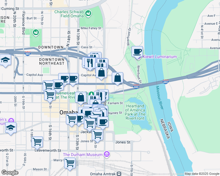 map of restaurants, bars, coffee shops, grocery stores, and more near 101 South 10th Street in Omaha